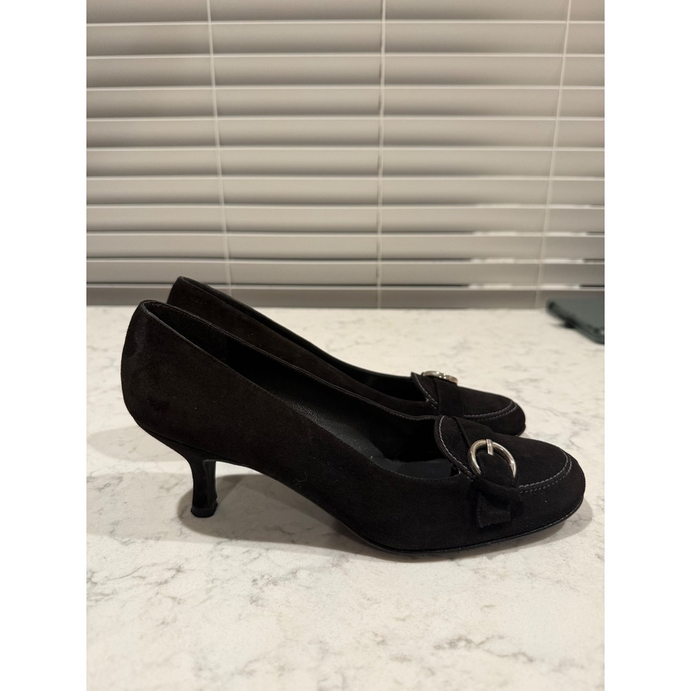 Stuart Weitzman Black Suede Buckle Block Heel Pumps Shoes Womens Size 8 M